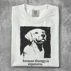 White t-shirt with a black ink sketch of a golden retriever and text.
