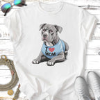 White t-shirt with graphic of a pit bull wearing an "I Love Mom" shirt.