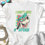 White t-shirt with cartoon dog wearing sunglasses and text "I DON'T GIVE A HYUCK".