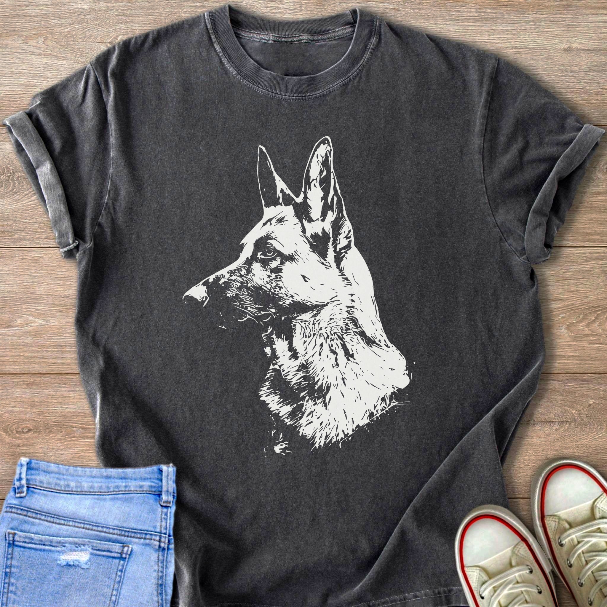 Dark grey t-shirt with a white outline sketch of a German Shepherd's head.