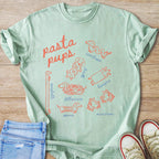 Mint t-shirt with "pasta pups" text and dachshunds in pasta shapes.