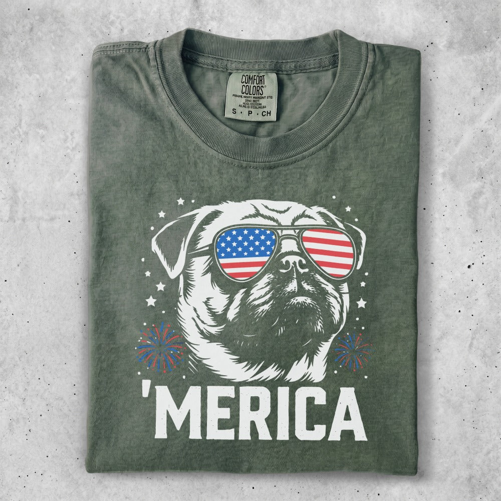 Pug wearing American flag sunglasses with "MERICA" text.