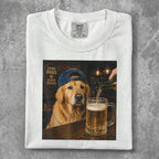 Golden retriever wearing a blue baseball cap getting a beer poured.