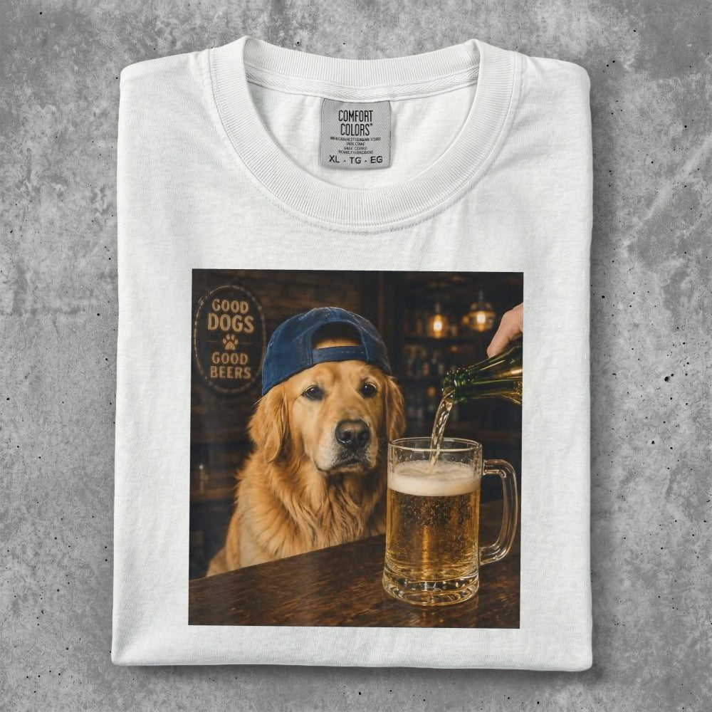Golden retriever wearing a blue baseball cap getting a beer poured.