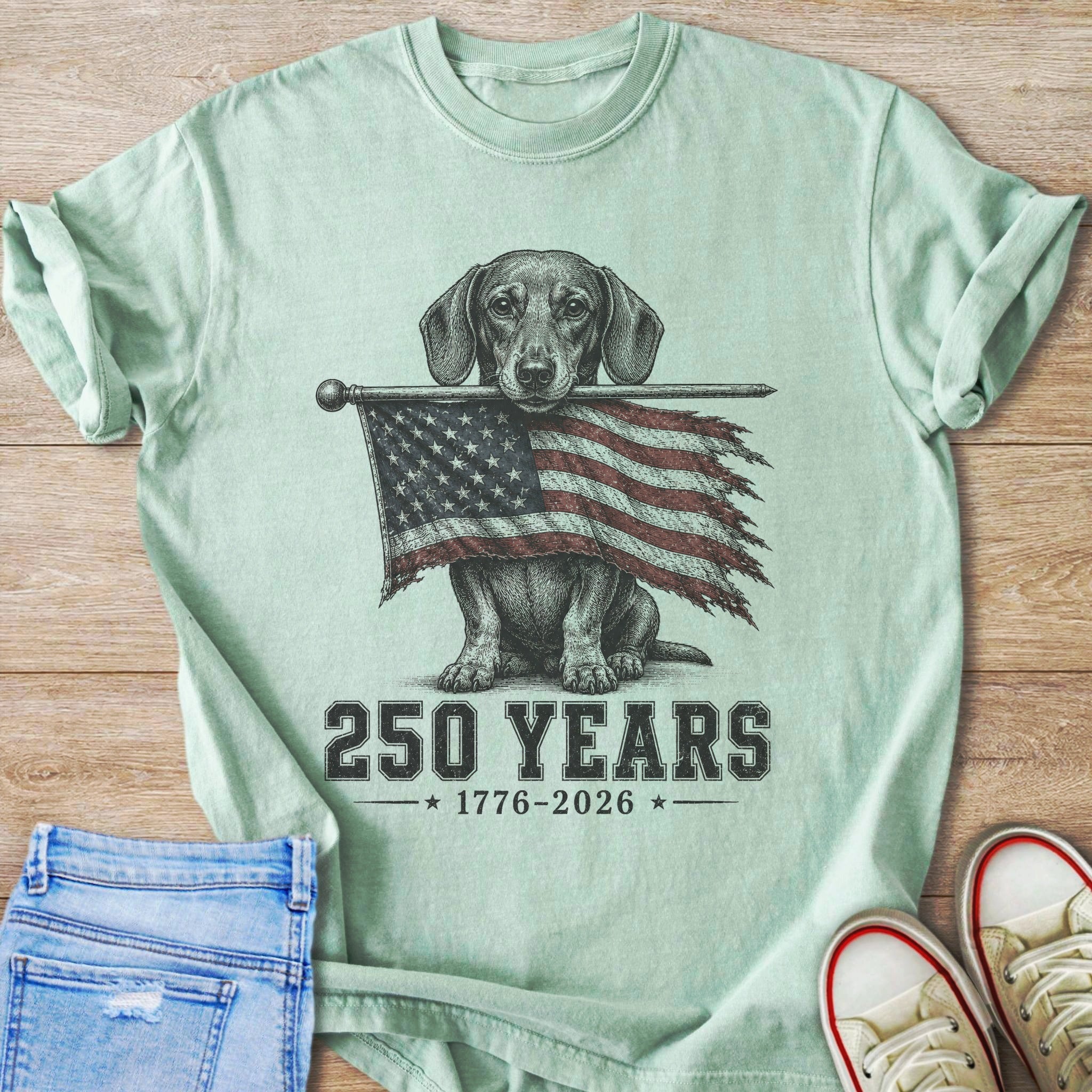 Dachshund holding tattered American flag with text "250 YEARS 1776-2026".