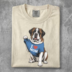 Saint Bernard dog wearing a blue "I love Mom" t-shirt.