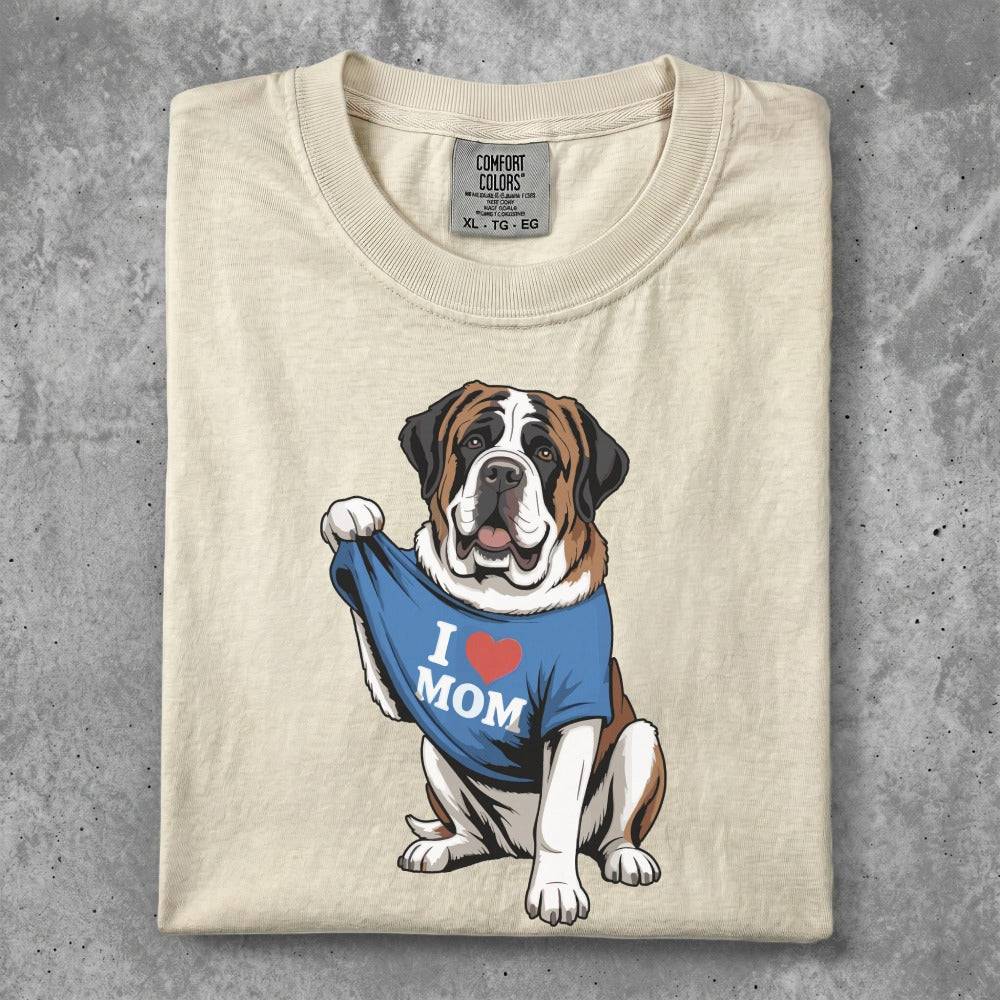 Saint Bernard dog wearing a blue "I love Mom" t-shirt.