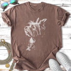 Brown t-shirt with a white sketched portrait of a Yorkshire Terrier dog.