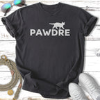 Dark grey t-shirt with "PAWDRE" and a cat silhouette.