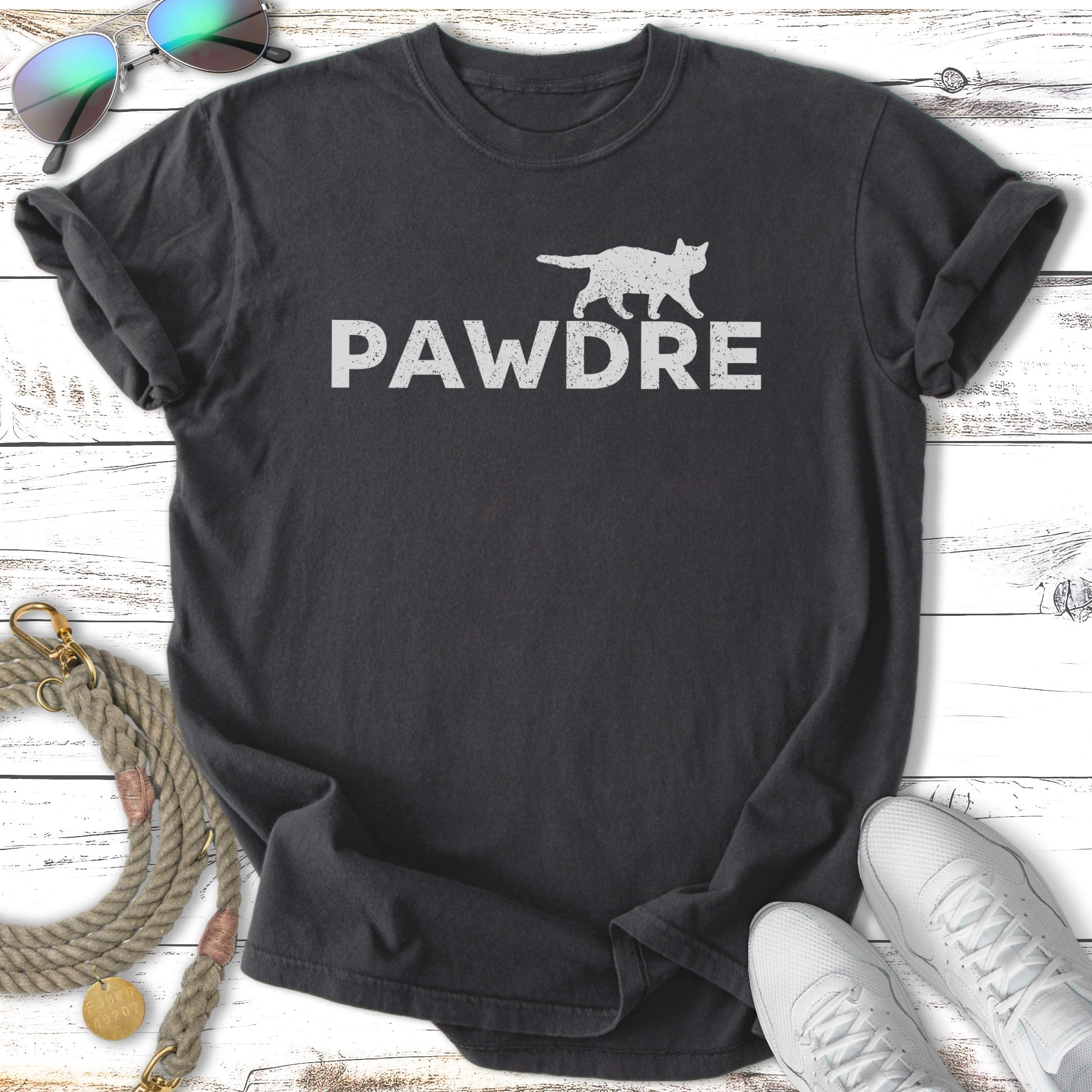 Dark grey t-shirt with "PAWDRE" and a cat silhouette.