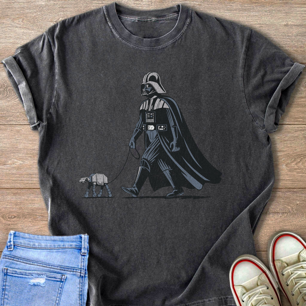Darth Vader walking an AT-ST walker on a leash.