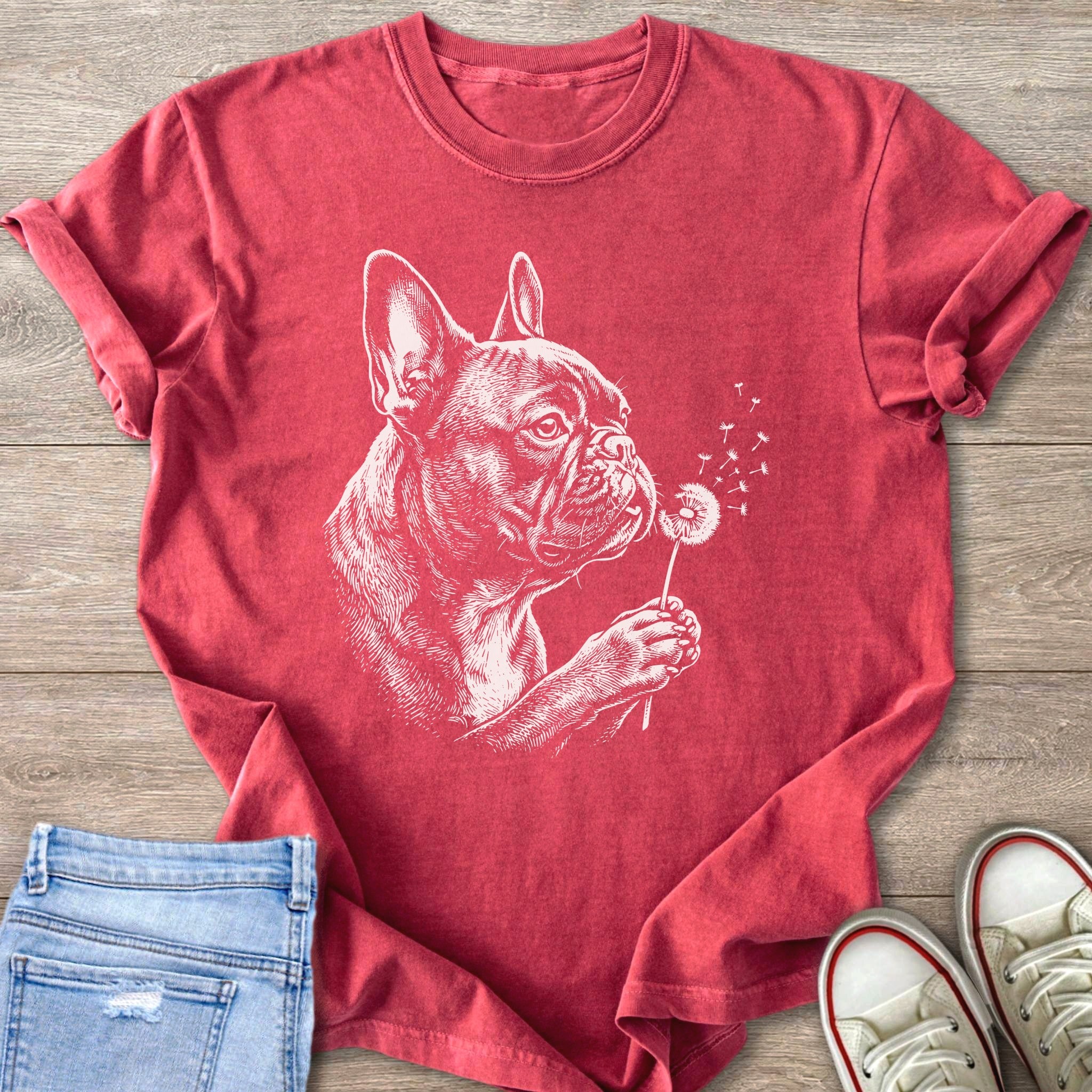 Red t-shirt with white French bulldog blowing dandelion seeds graphic.