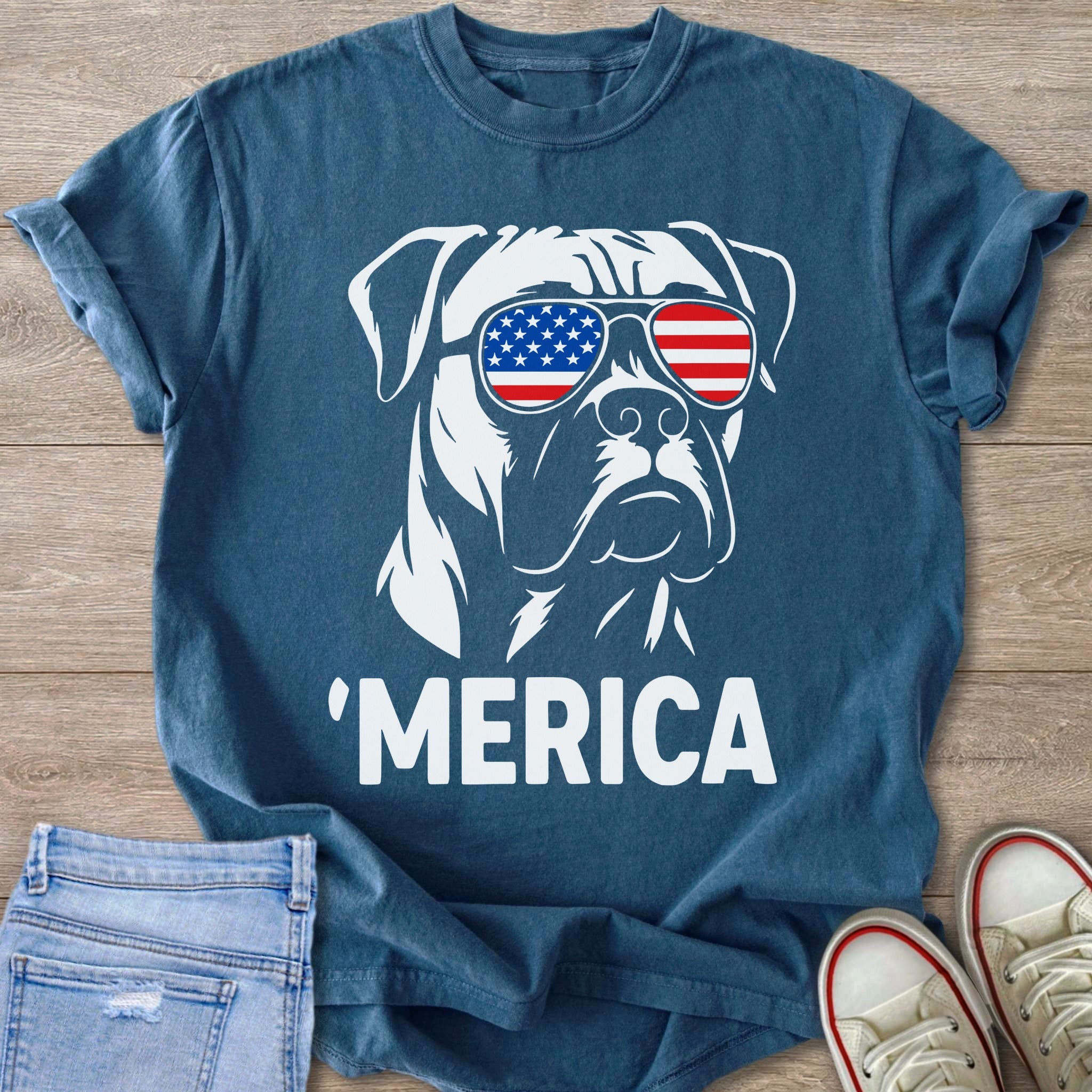White boxer dog wearing American flag sunglasses and the text 'MERICA.