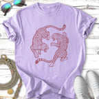 Two leopards in a circular design on a lilac t-shirt.