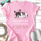 Pink t-shirt with a sleeping French bulldog and "I WOOF YOU!" text.