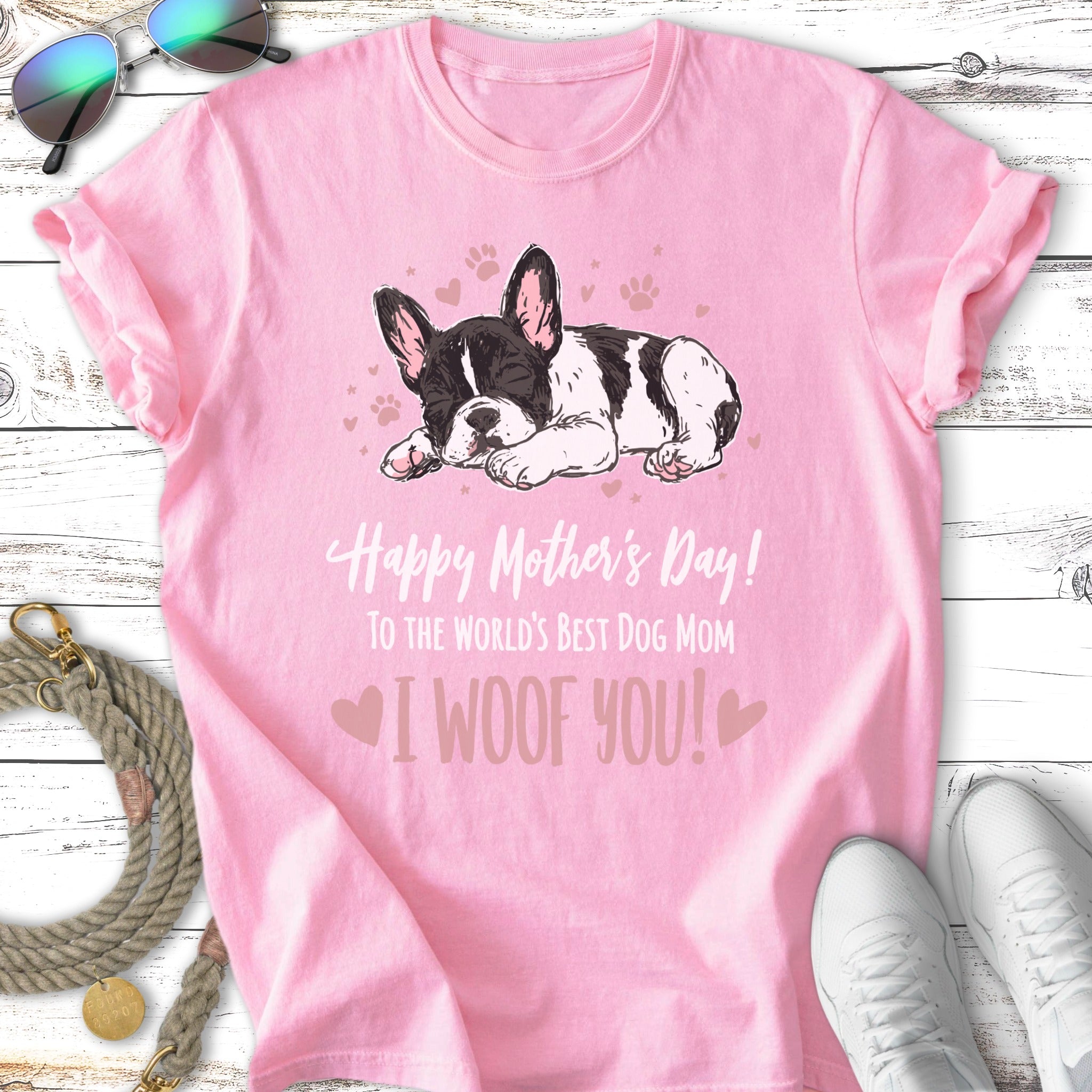 Pink t-shirt with a sleeping French bulldog and "I WOOF YOU!" text.