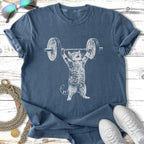 Cat lifting barbell in vintage distressed t-shirt design.