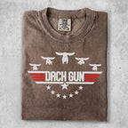 Brown t-shirt with "DACH GUN" and flying bulldogs in red and white.
