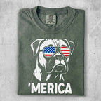 Boxer dog wearing American flag sunglasses, with "MERICA" text.