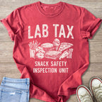 Red t-shirt with white text "LAB TAX" and "SNACK SAFETY INSPECTION UNIT".