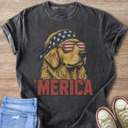 Golden retriever with American flag bandana, sunglasses, and text 'MERICA.