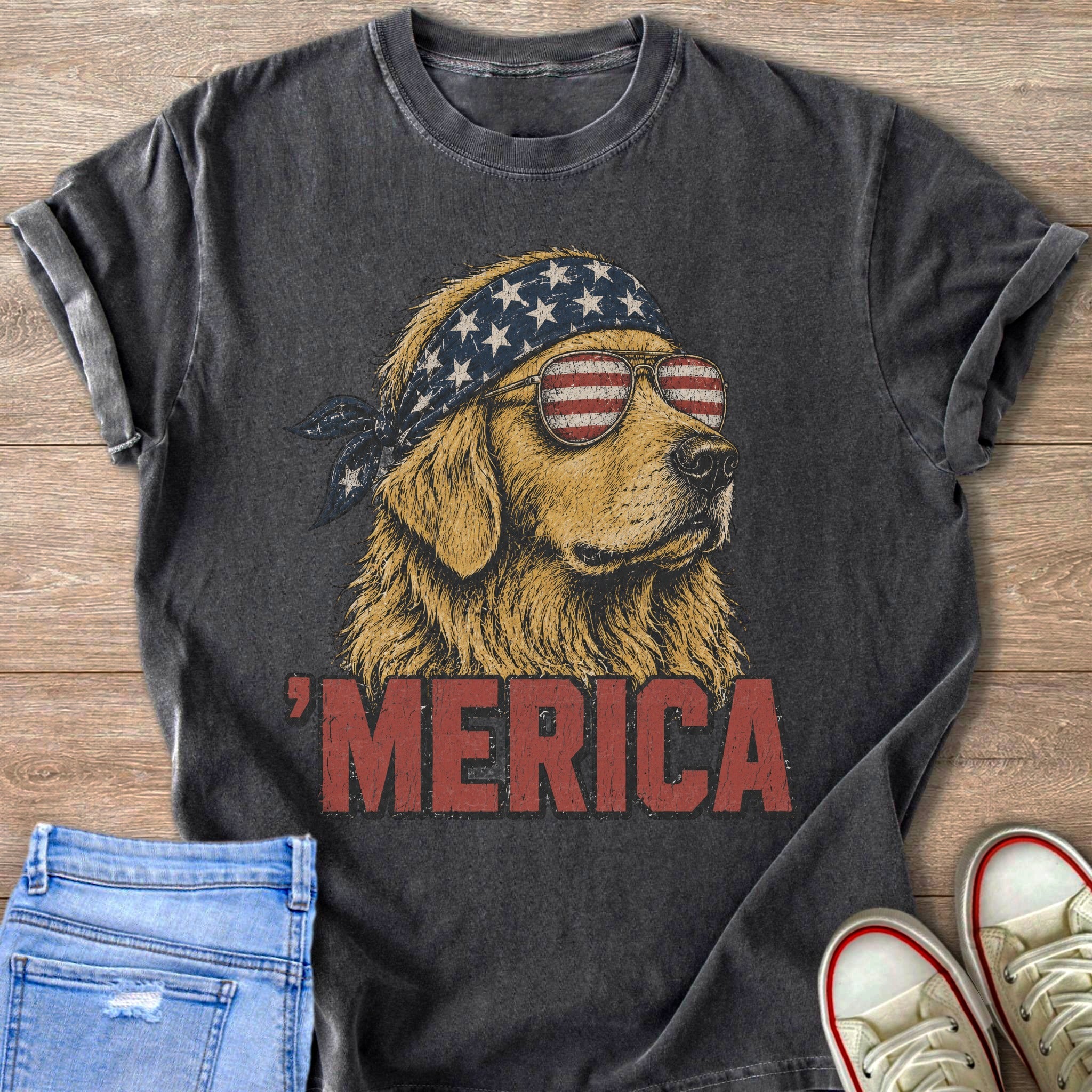 Golden retriever with American flag bandana, sunglasses, and text 'MERICA.
