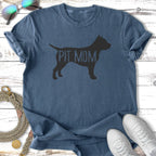 Blue t-shirt with "PIT MOM" text and pit bull silhouette.