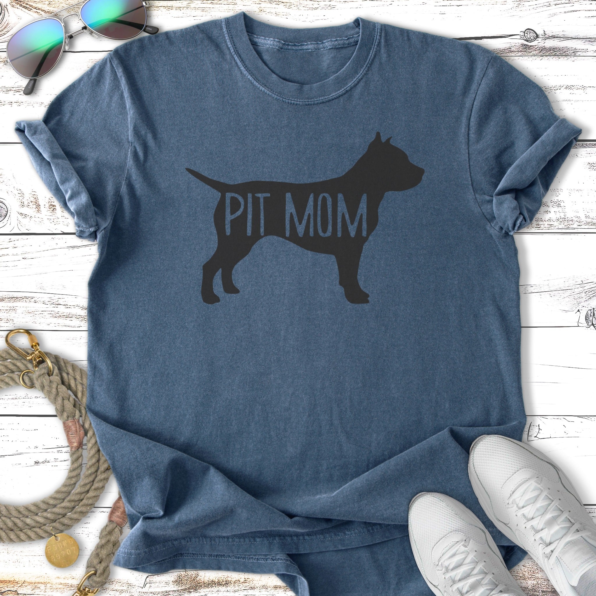 Blue t-shirt with "PIT MOM" text and pit bull silhouette.
