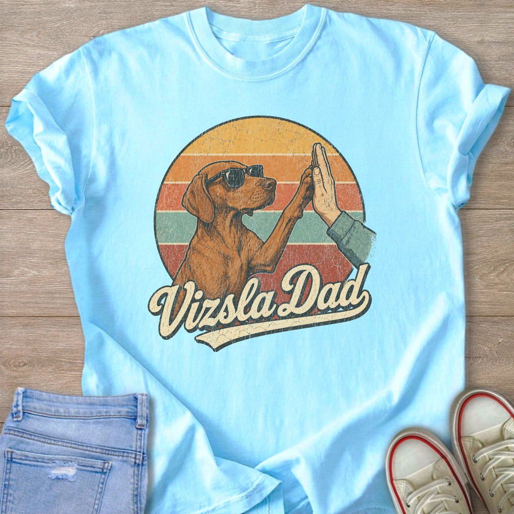 Vizsla dog wearing sunglasses giving a high five with text "Vizsla Dad".