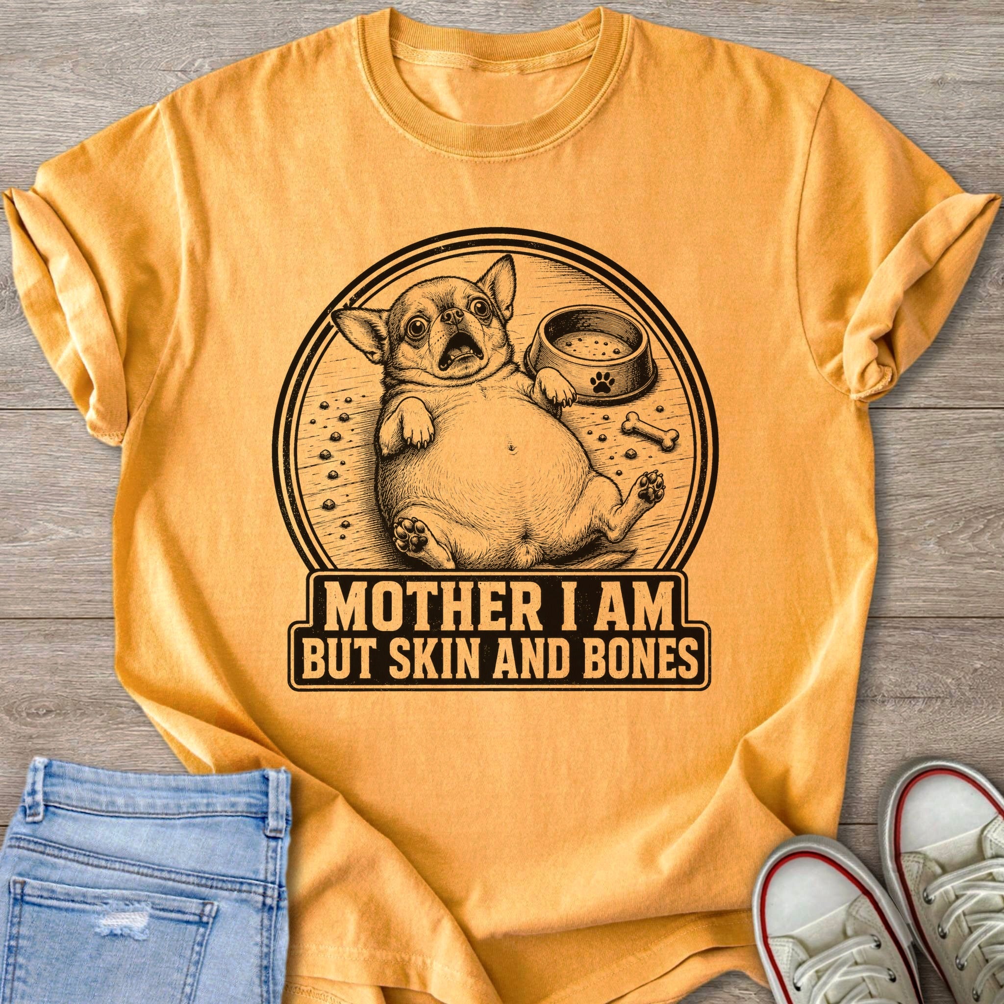 Chihuahua with a distressed expression under text "MOTHER I AM BUT SKIN AND BONES".