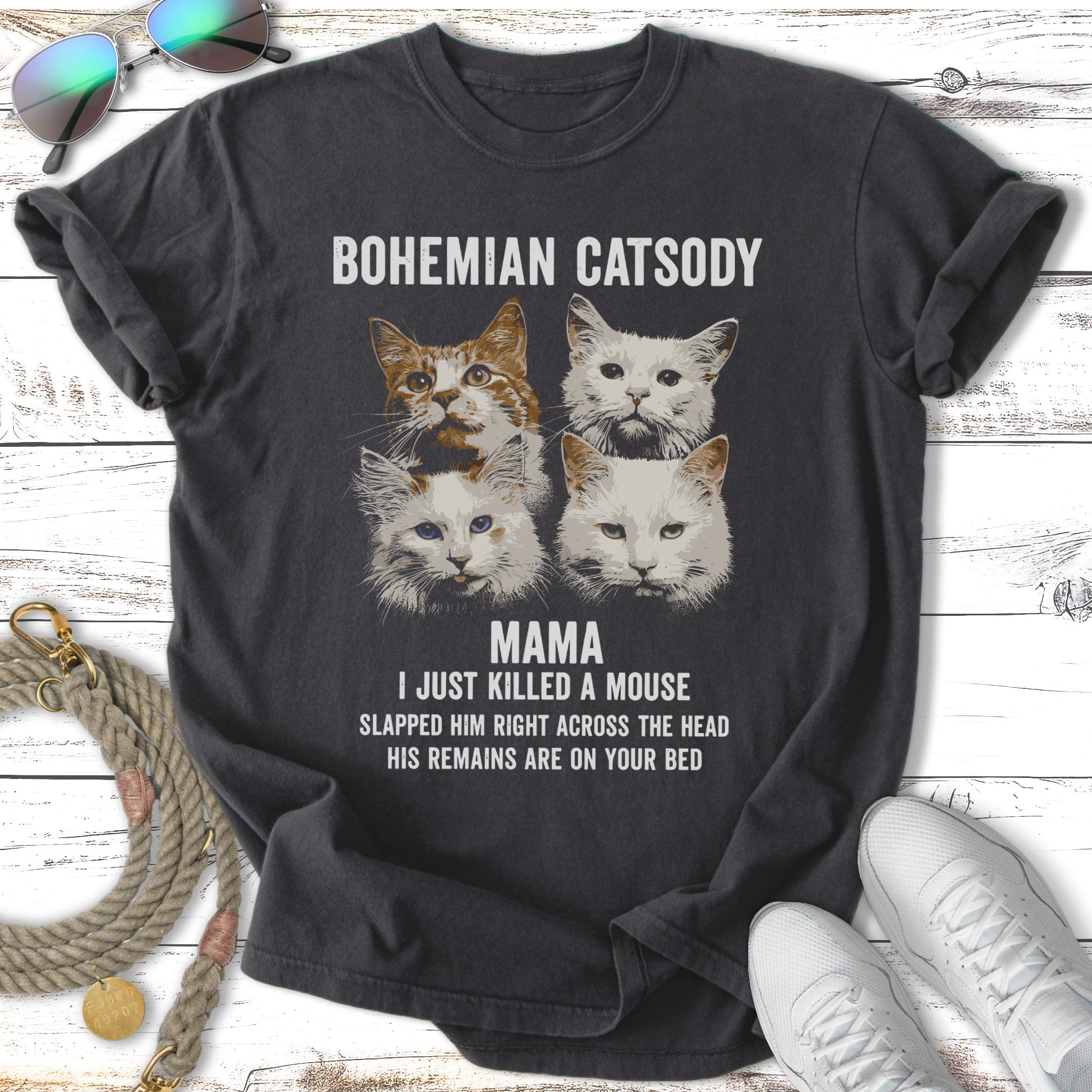 T-shirt with Bohemian Catsody design featuring four cats and text about a mouse.