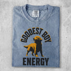 Comfort Colors t-shirt with "Goodest Boy Energy" and golden retriever graphic.