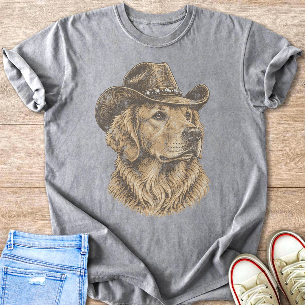 Golden Retriever wearing a cowboy hat on a grey t-shirt.