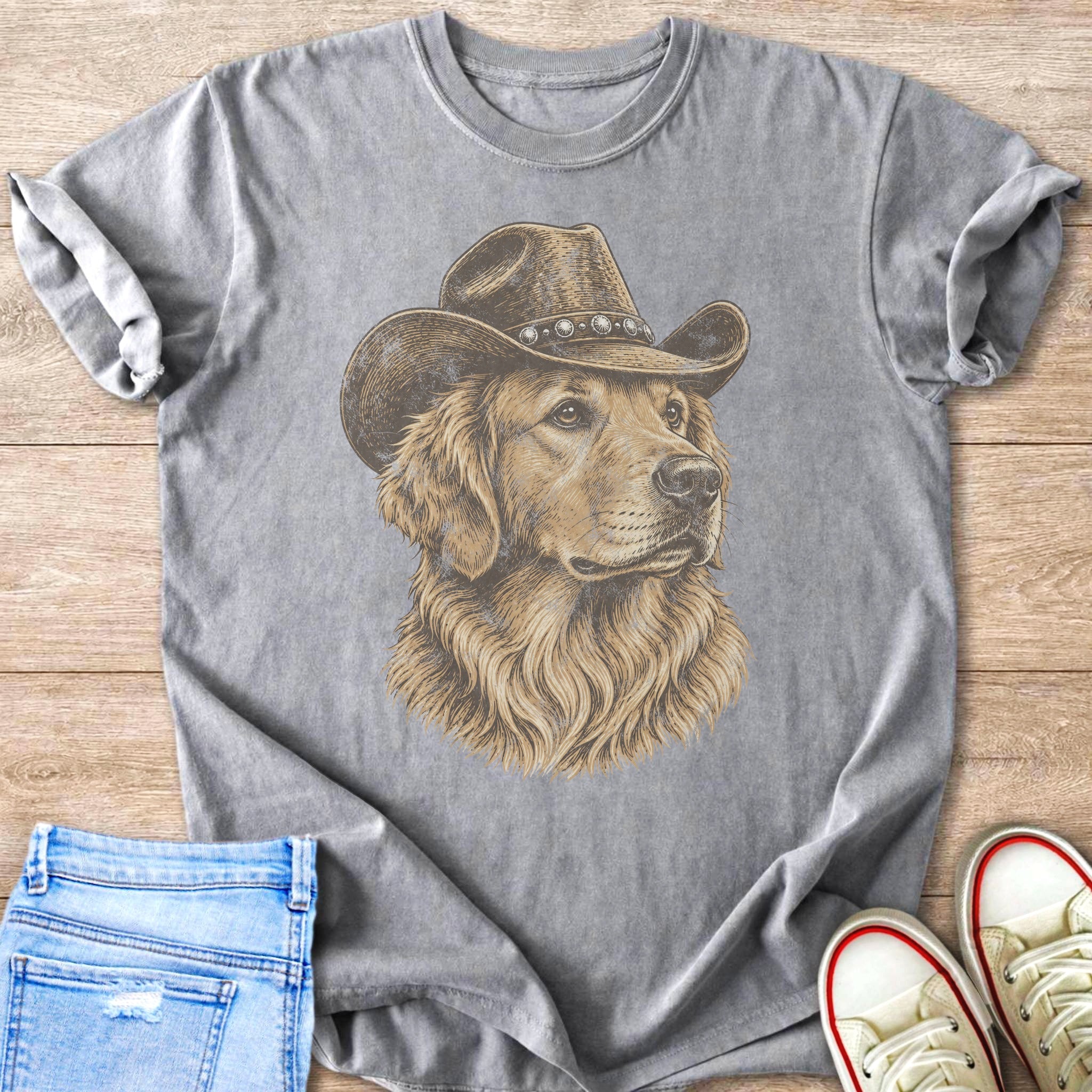 Golden Retriever wearing a cowboy hat on a grey t-shirt.
