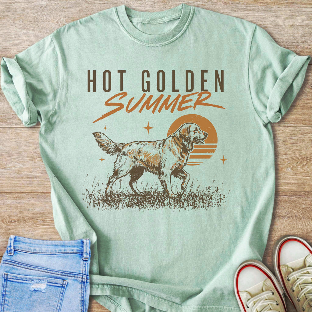 Light green t-shirt with "HOT GOLDEN SUMMER" text and a golden retriever dog graphic.