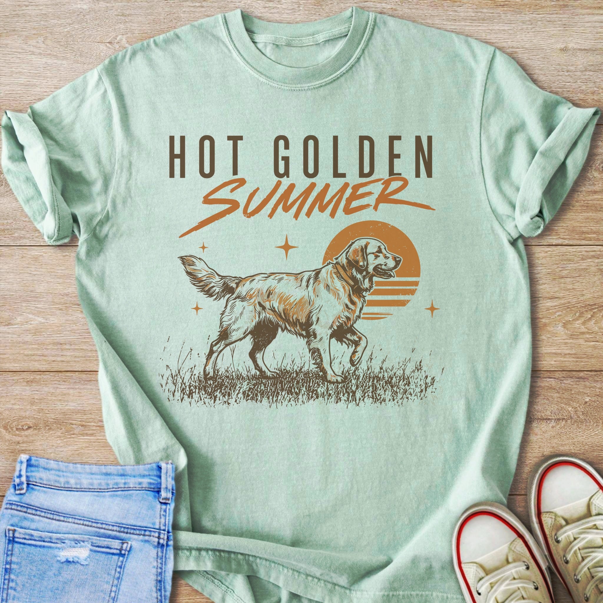 Light green t-shirt with "HOT GOLDEN SUMMER" text and a golden retriever dog graphic.