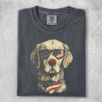 Dog wearing sunglasses and bandana, Comfort Colors brand.