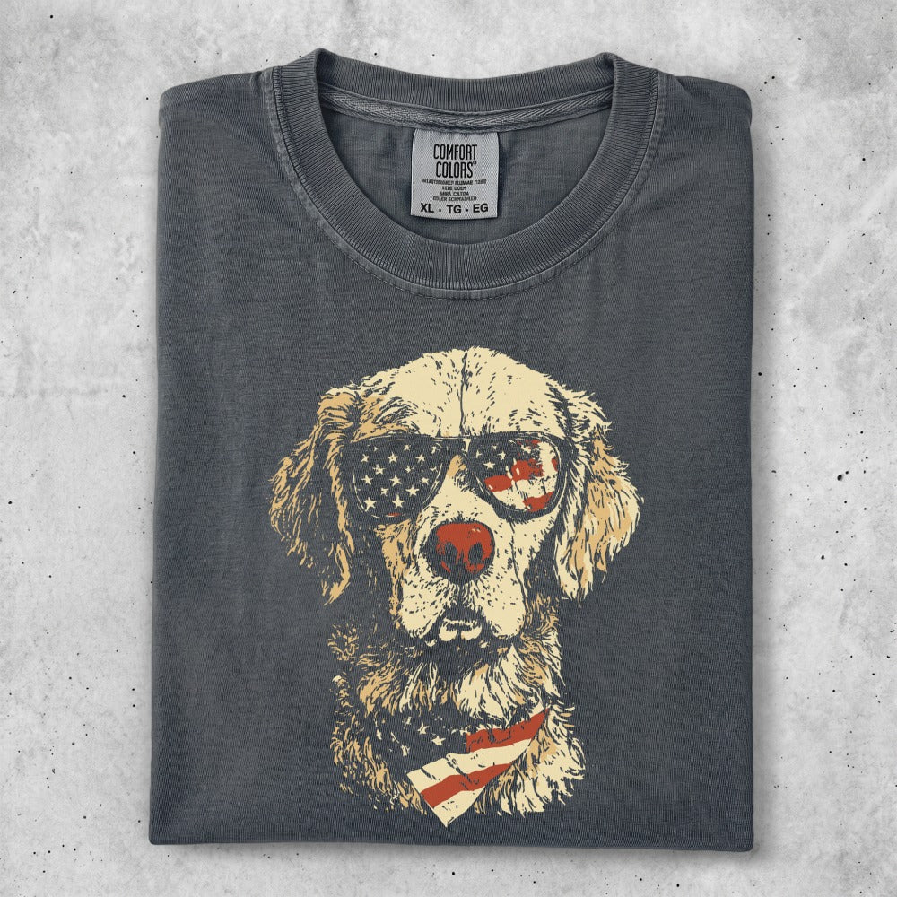 Dog wearing sunglasses and bandana, Comfort Colors brand.