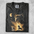 French bulldog in forest with moon and waterfall, Comfort Colors shirt.
