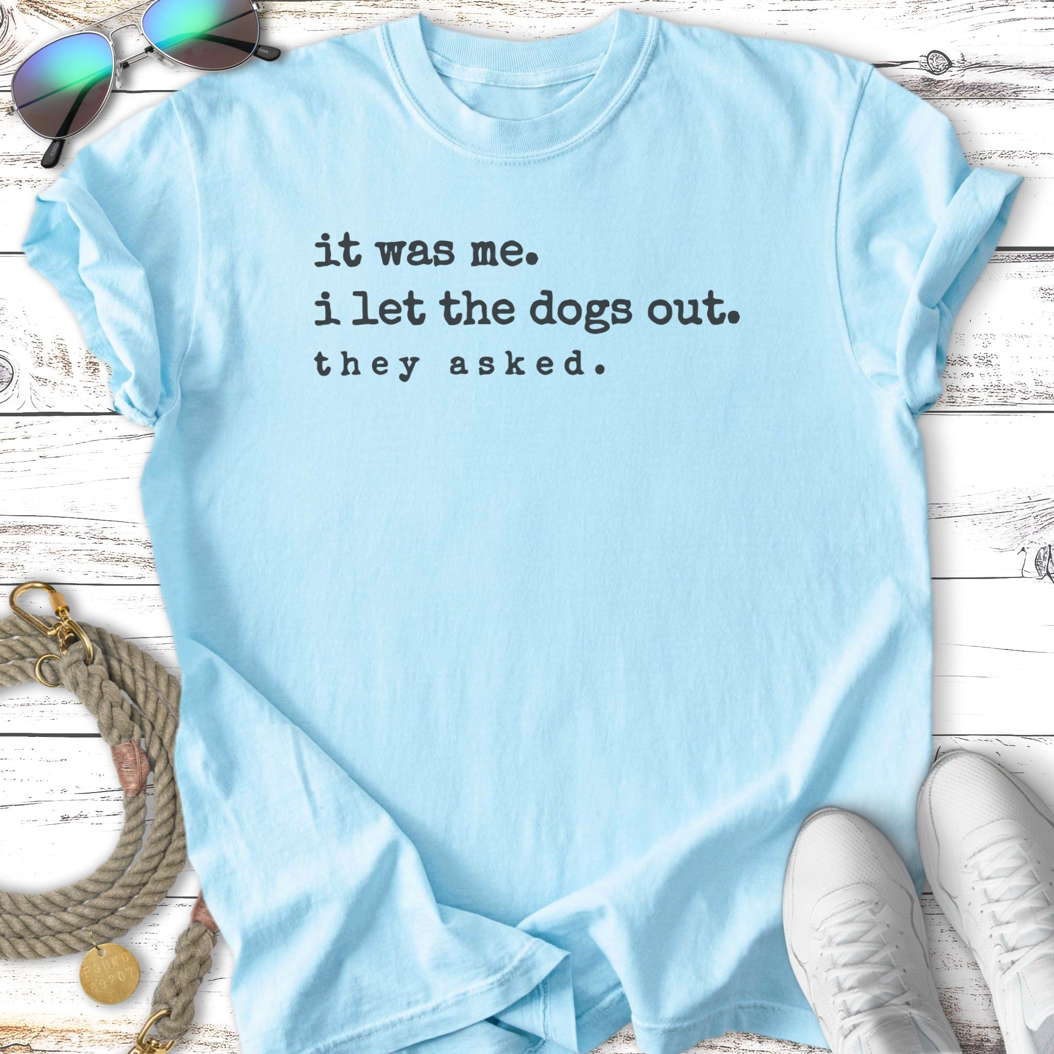 Light blue t-shirt with "it was me. i let the dogs out. they asked." text.