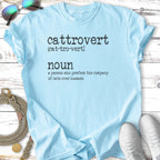 Light blue t-shirt with "cattrovert" and definition printed in black text.