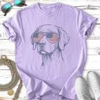 Line drawing of a dog wearing American flag sunglasses.