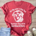 Red t-shirt with white graphic of a dog wearing sunglasses and text.