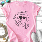 Pink t-shirt with a dog graphic flipping off cancer while wearing sunglasses.