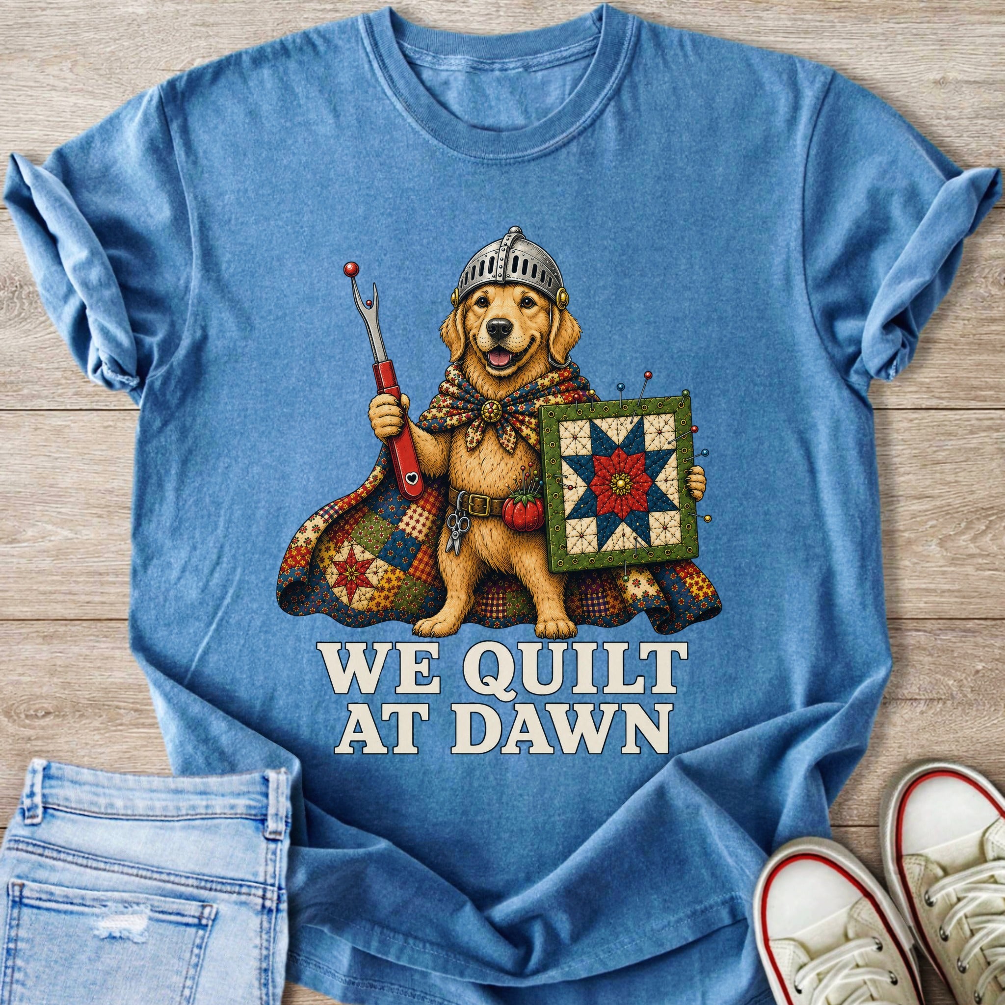 Golden retriever in knight armor holding a seam ripper and quilt with "We Quilt At Dawn" text.