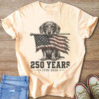 Dachshund holding an American flag, "250 YEARS 1776-2026" text.