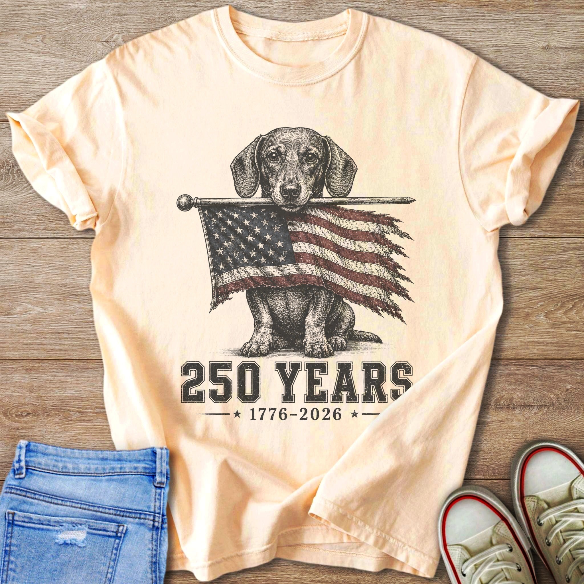 Dachshund holding an American flag, "250 YEARS 1776-2026" text.