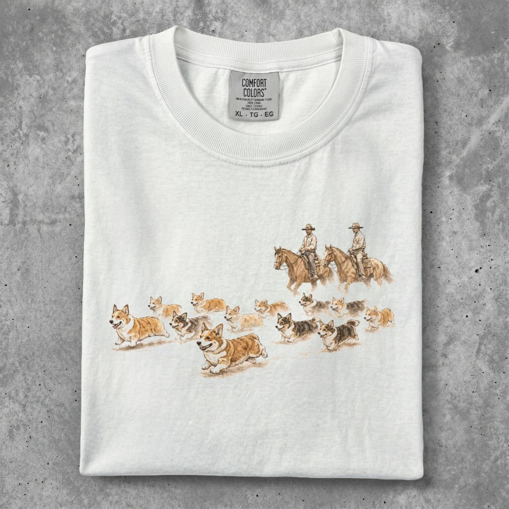 White t-shirt with cowboys and corgis riding horses illustration.