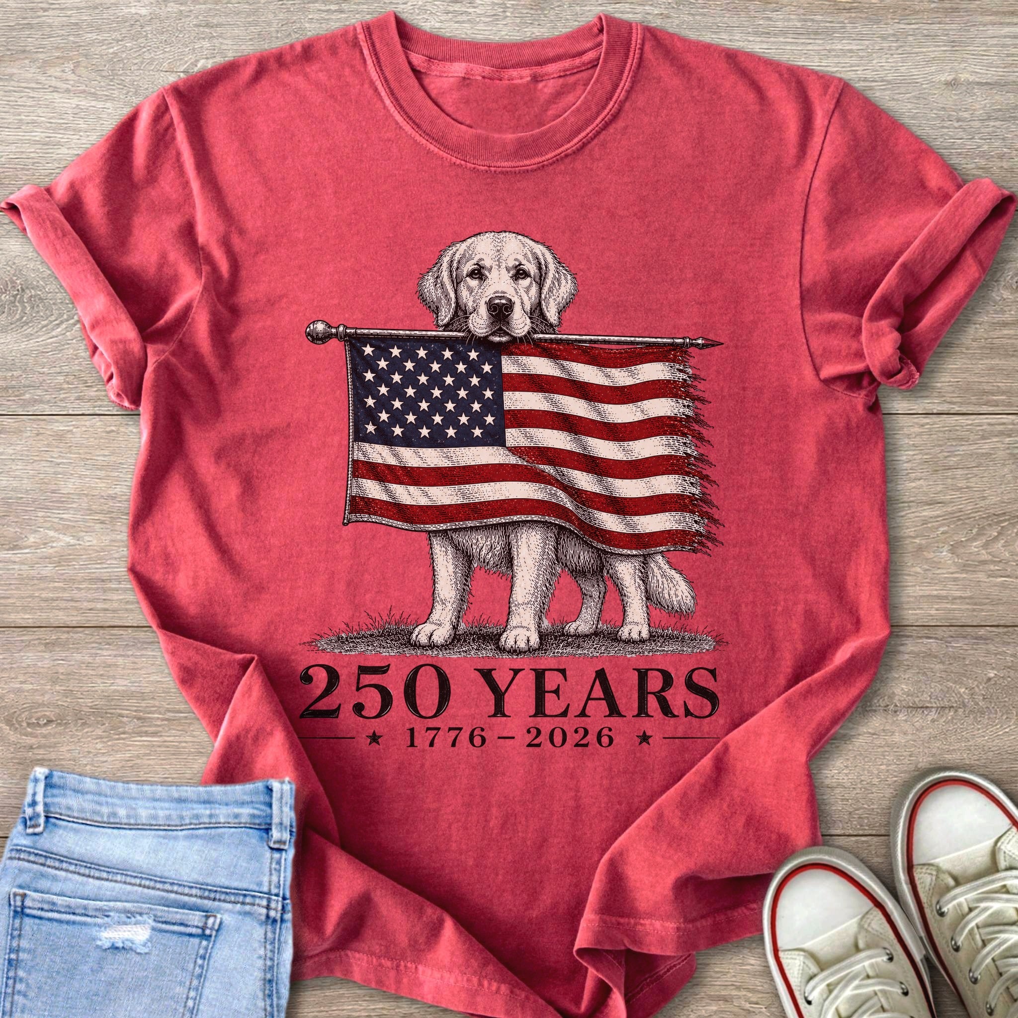 Golden retriever holding distressed American flag with text "250 YEARS 1776-2026".