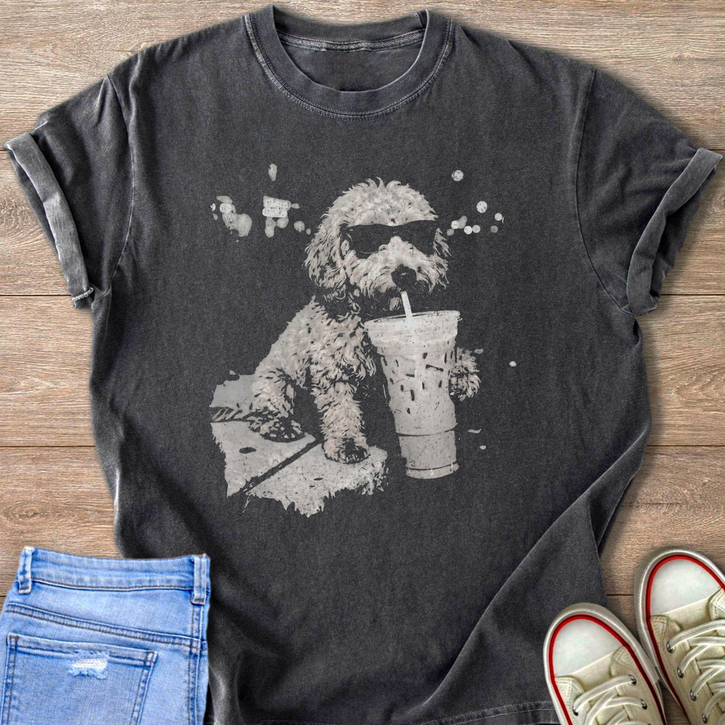 Gray t-shirt with distressed print of a fluffy dog wearing sunglasses drinking an iced coffee.
